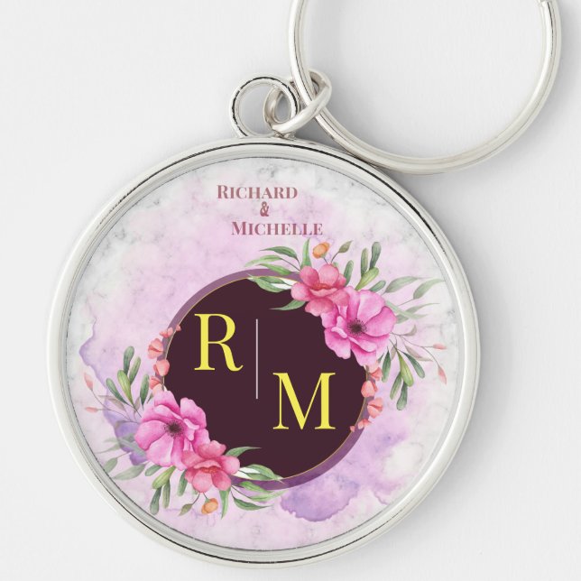 Wreath Floral Initial Letter Monogram Name Marble Keychain (Front)