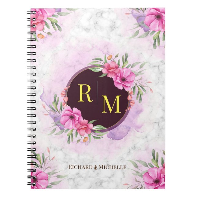 Wreath Floral Initial Letter Monogram Name Marble Notebook (Front)