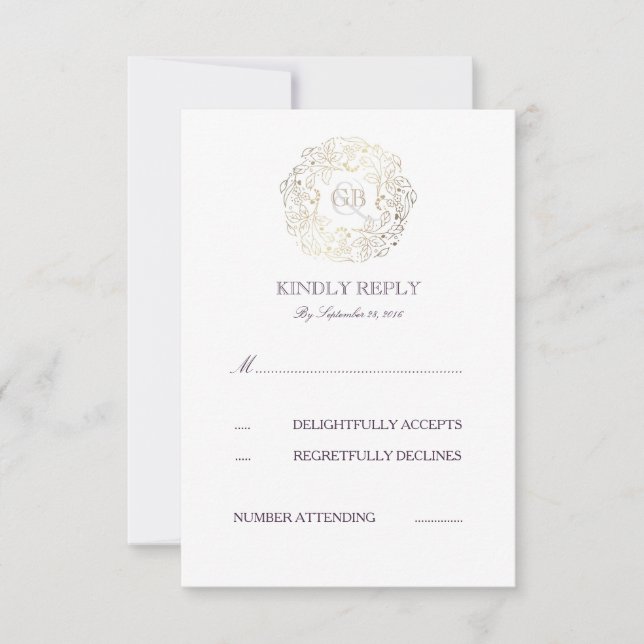 Wreath Floral Or | Cartes RSVP de mariage de texte (Devant)