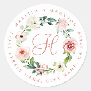 Wreath Flowers Personalized Initial Round Stickers