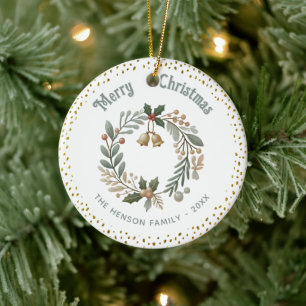 Wreath Foliage Gold Glitter Christmas Family Photo Ceramic Ornament