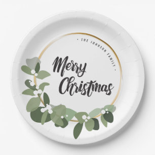 Wreath Green FAMILY Merry Christmas Holiday Paper Plate