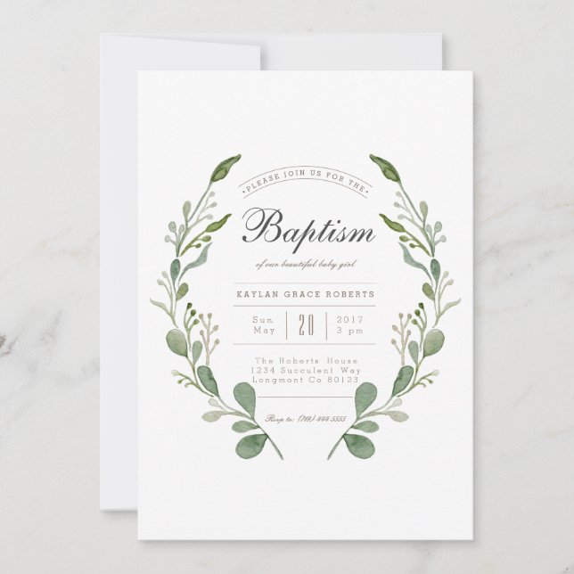 Wreath Greener | Invitation de baptême d'aquarelle (Devant)
