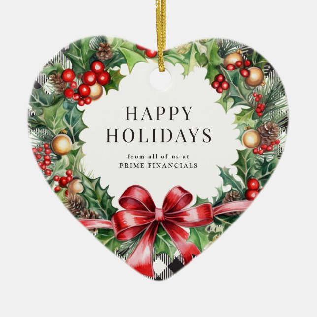 Wreath Holly Berries Black Plaid Business Ceramic Ornament (Front)