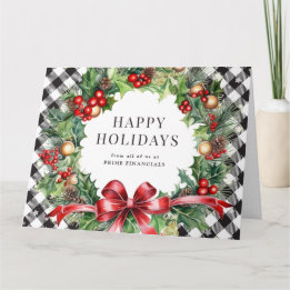 Wreath Holly Berries Black Plaid Business Holiday Card