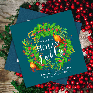 Wreath Holly Jolly Family Dark Teal Holiday Card