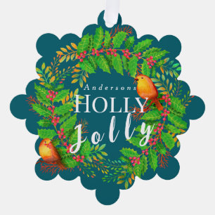 Wreath Holly Jolly  Family Dark Teal Ornament Card