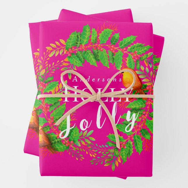 Wreath Holly Jolly Family Hot Pink Wrapping Paper Sheet (In situ)