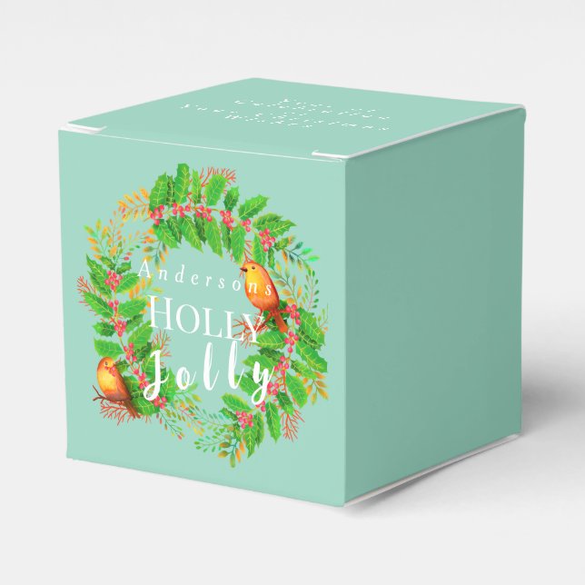 Wreath Holly Jolly  Family Light Teal Favor Box (Front Side)
