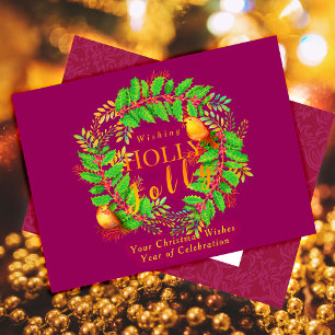 Wreath Holly Jolly Family Wine Foil Holiday Postcard