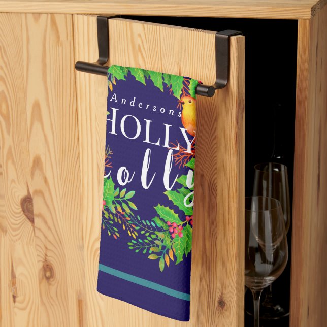 Wreath Holly Jolly Navy Kitchen Towel (Thirds Fold)
