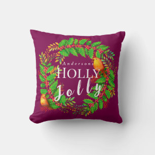 Wreath Holly Jolly Wine Throw Pillow