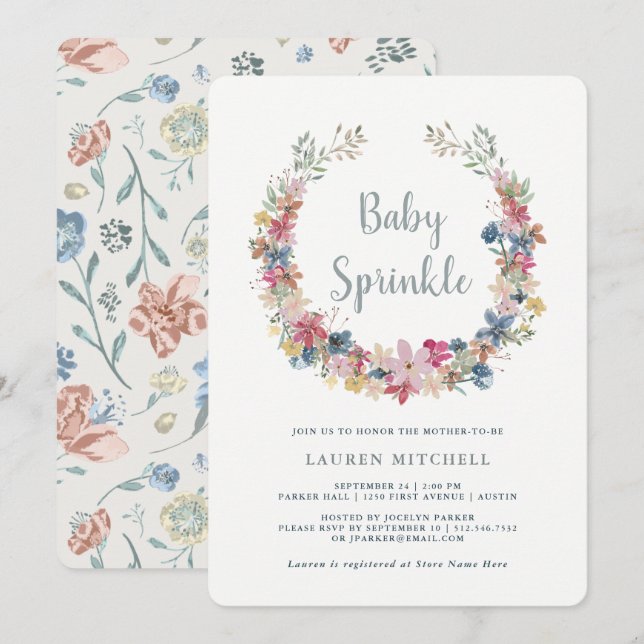 Wreath lunaire | Invitation Floral Baby Sprinkle (Devant / Derrière)