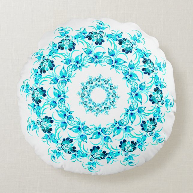 wreath made of turquoise flowers round pillow (Front)