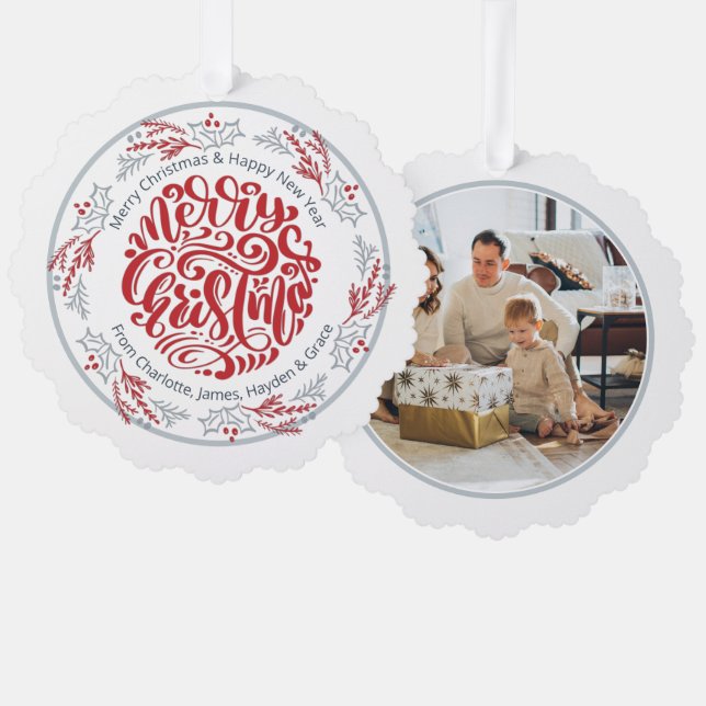 Wreath Merry Christmas Personalized Photo Ornament Card (Front/Back)