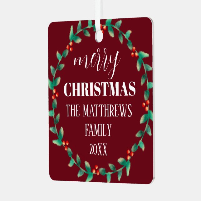 Wreath Merry Christmas Photo Name Personalized  Metal Ornament (Front Left)