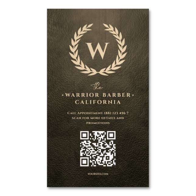 Wreath Monogram Barbershop Modern Barber  Magnetic Business Card (Front Vertical)