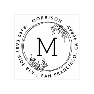 Wreath Monogram Family Name Round Return Address Rubber Stamp