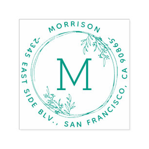 Wreath Monogram Family Name Round Return Address Self-inking Stamp