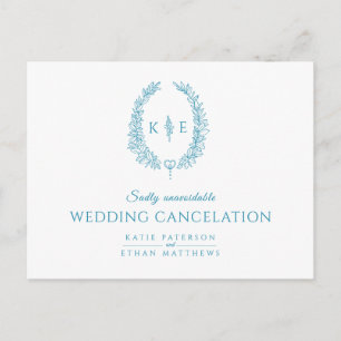 Wreath monogram wedding cancellation white teal announcement postcard