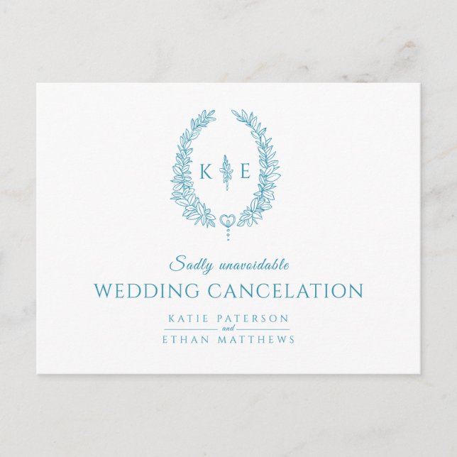 Wreath monogram wedding cancellation white teal announcement postcard (Front)