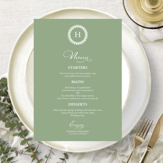Wreath Monogram Wedding Menu Cards Green Sage (Creator Uploaded)