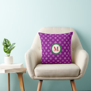 Wreath Monogram White Snowflakes Purple Background Throw Pillow