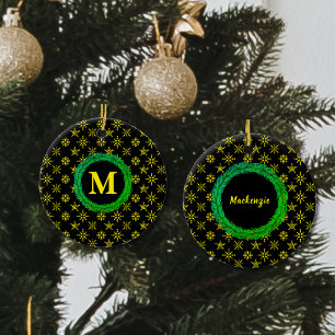 Wreath Monogram Your Name Black Yellow Snowflakes Ceramic Ornament