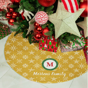 Wreath Monogram Your Name Gold & White Snowflakes Brushed Polyester Tree Skirt