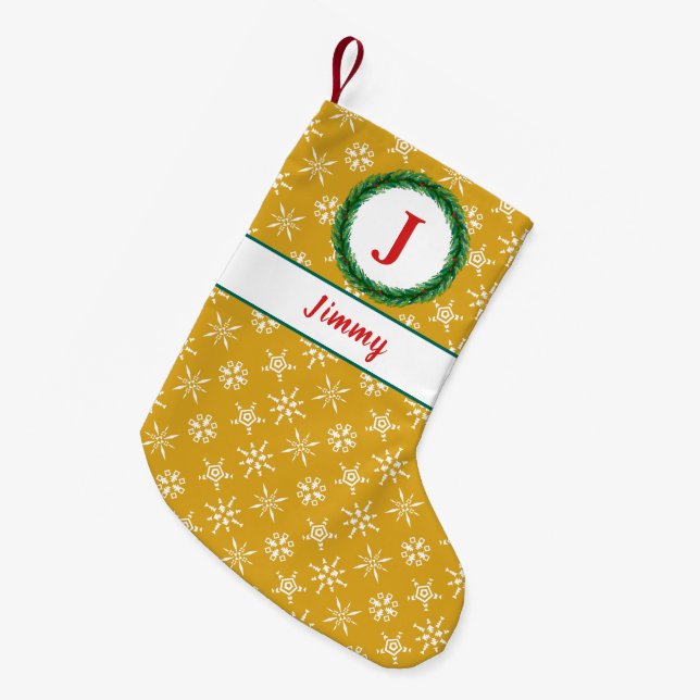 Wreath Monogram Your Name Gold & White Snowflakes Small Christmas Stocking (Front (Hanging))