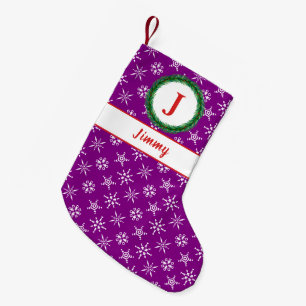 Wreath Monogram Your Name Purple White Snowflakes Small Christmas Stocking