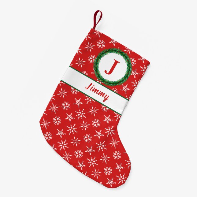 Wreath Monogram Your Name Red & White Snowflakes Small Christmas Stocking (Front (Hanging))