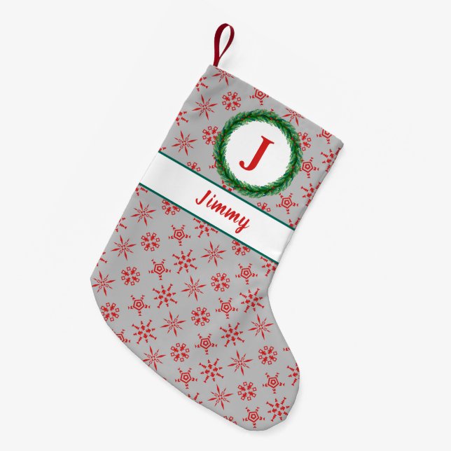 Wreath Monogram Your Name Silver & Red Snowflakes Small Christmas Stocking (Front (Hanging))