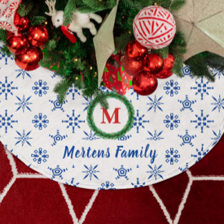 Wreath Monogram Your Name White & Blue Snowflakes Brushed Polyester Tree Skirt