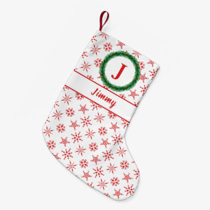 Wreath Monogram Your Name White & Red Snowflakes Small Christmas Stocking