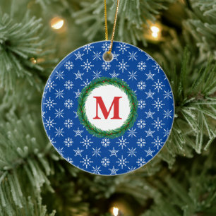 Wreath Monogram Your Name White Snowflakes Blue Ceramic Ornament
