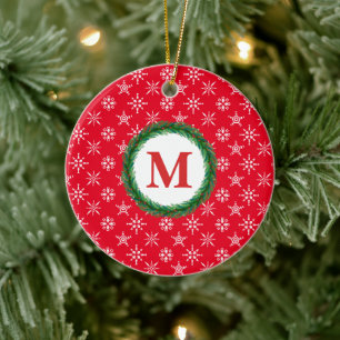 Wreath Monogram Your Name White Snowflakes Red Ceramic Ornament