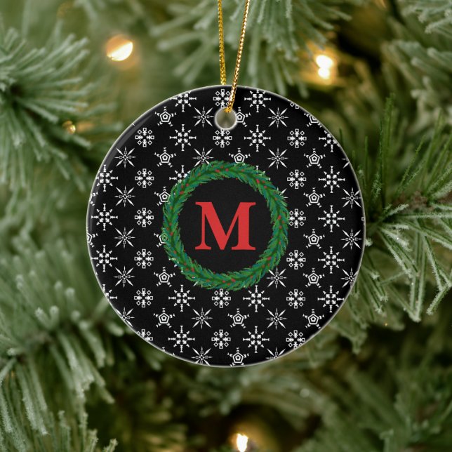 Wreath Monogram Your Name White Yellow Snowflakes Ceramic Ornament (Tree)