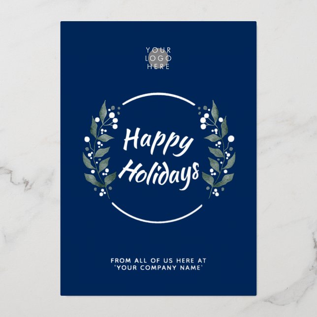 Wreath Navy Blue Business Holiday Silver Foil Card (Front)