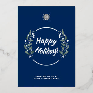 Wreath Navy Blue Business Holiday Silver Foil Card