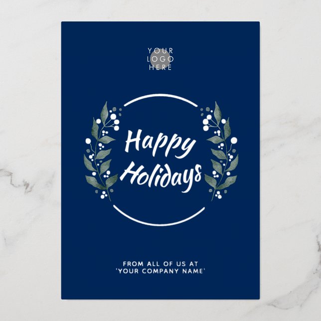 Wreath Navy Blue Business Holiday Silver Foil Card (Front)
