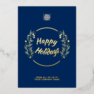 Wreath Navy Blue Business Holidays Gold Foil Card