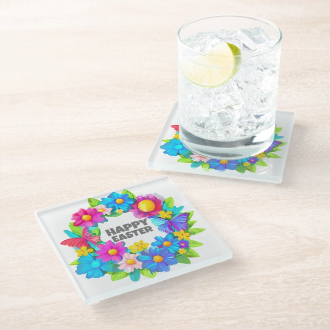 Wreath of Colourful Easter Flowers Glass Coaster (Angled)