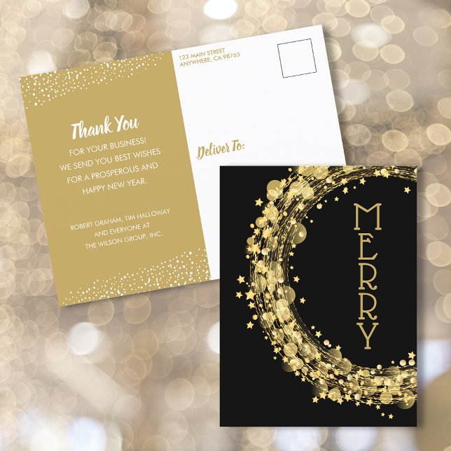 Wreath of Gold Stars on Black Business Holiday Postcard (Creator Uploaded)