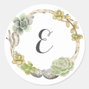 Wreath of Succulents, Twigs and Stones   Monogram Classic Round Sticker