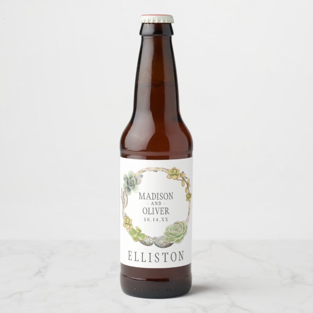 Wreath of Succulents, Twigs and Stones | Wedding Beer Bottle Label (Front)