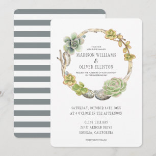 Wreath of Succulents, Twigs and Stones Wedding Invitation