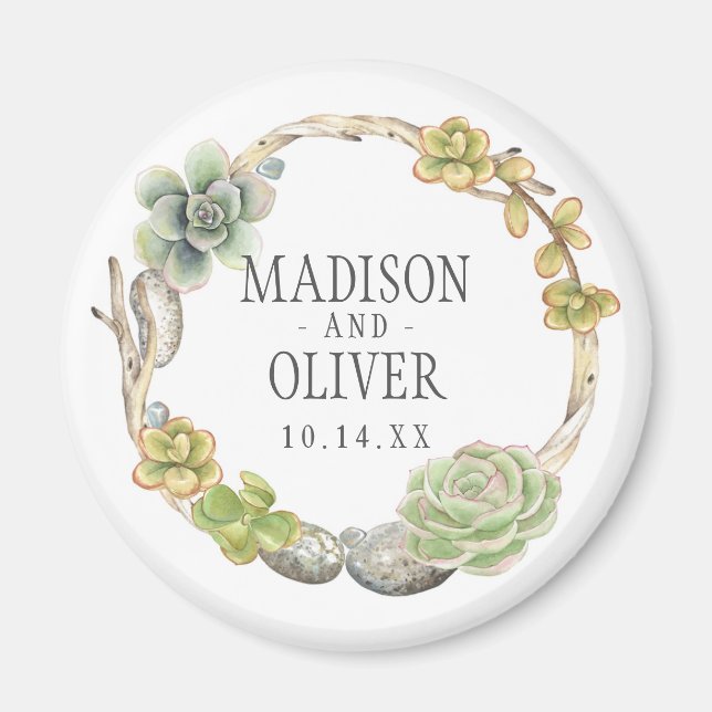 Wreath of Succulents, Twigs and Stones | Wedding Magnet (Front)