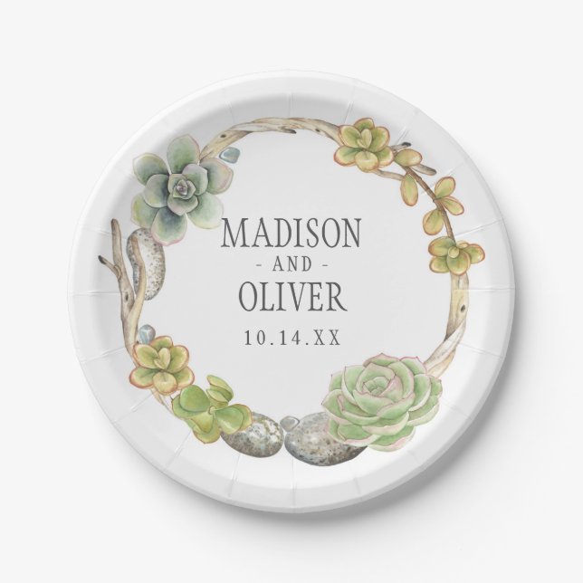 Wreath of Succulents, Twigs and Stones | Wedding Paper Plate (Front)