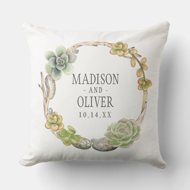Wreath of Succulents, Twigs and Stones | Wedding Throw Pillow (Front)